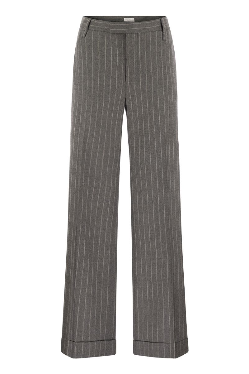 BRUNELLO CUCINELLI LOOSE FLARED TROUSERS IN VIRGIN WOOL MOULINé PINSTRIPE WITH BEADWORK