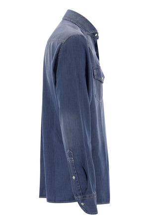 BRUNELLO CUCINELLI Men's Easy Fit Denim Shirt with Western-inspired Details