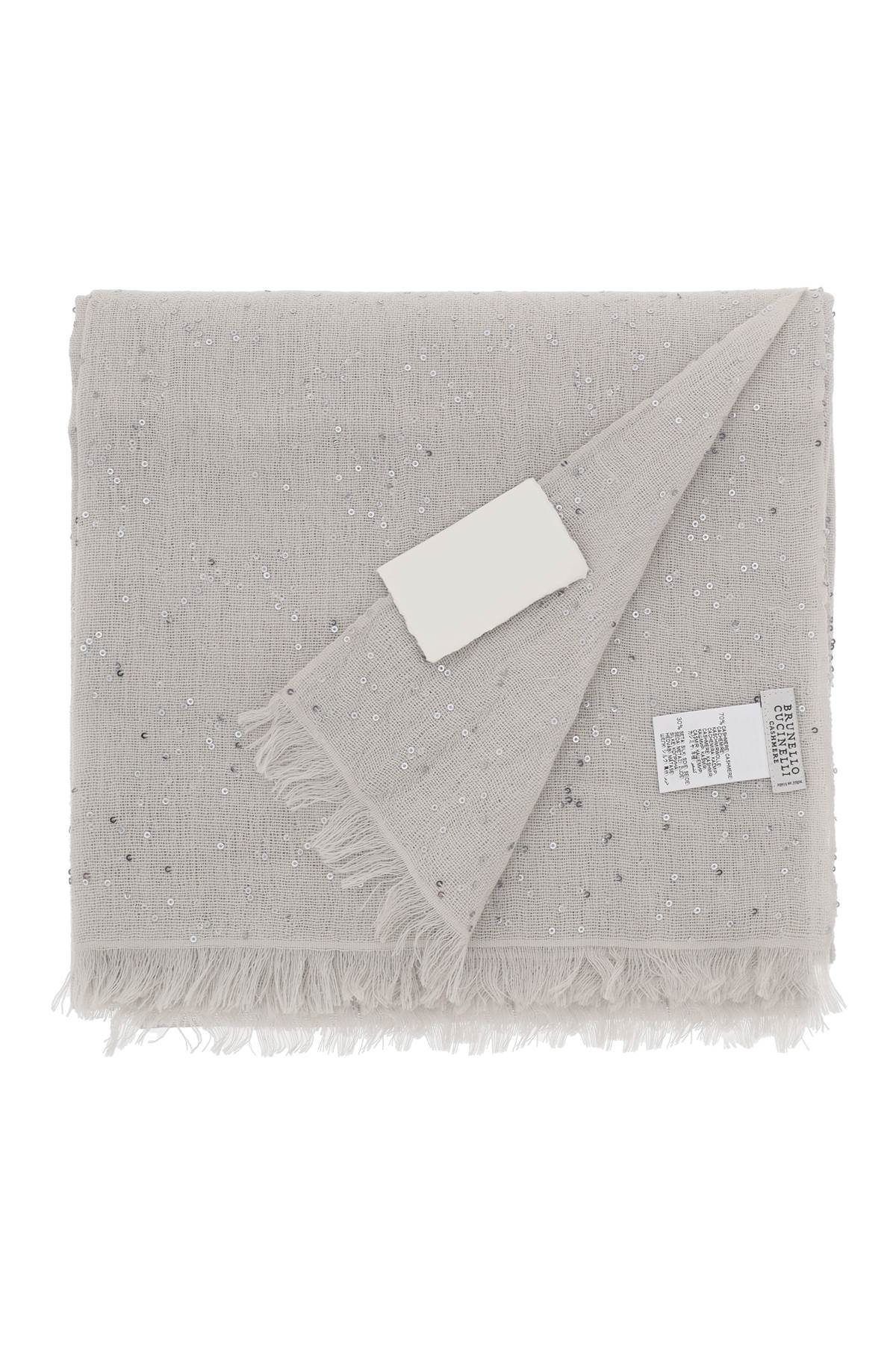 BRUNELLO CUCINELLI Luxurious Cashmere and Silk Scarf with Diamond Sequin Pattern and Fringed Edges