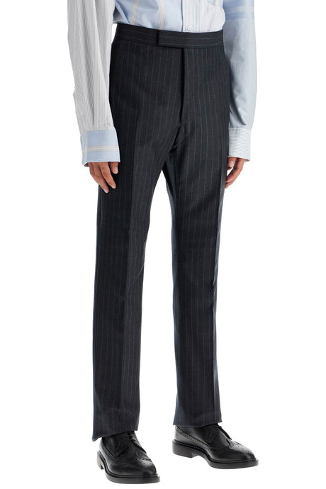 THOM BROWNE Elegant Striped Wool Trousers with Adjustable Back Strap