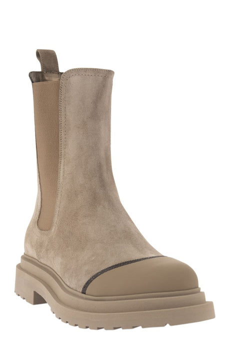 BRUNELLO CUCINELLI Beige Suede Chelsea Boot with Precious Detail for Women