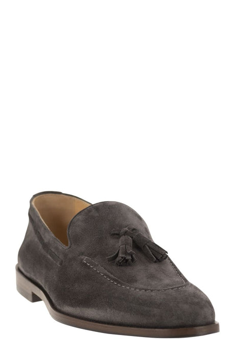 BRUNELLO CUCINELLI Men's Dark Grey Tasseled Suede Moccasins with Leather and Rubber Soles