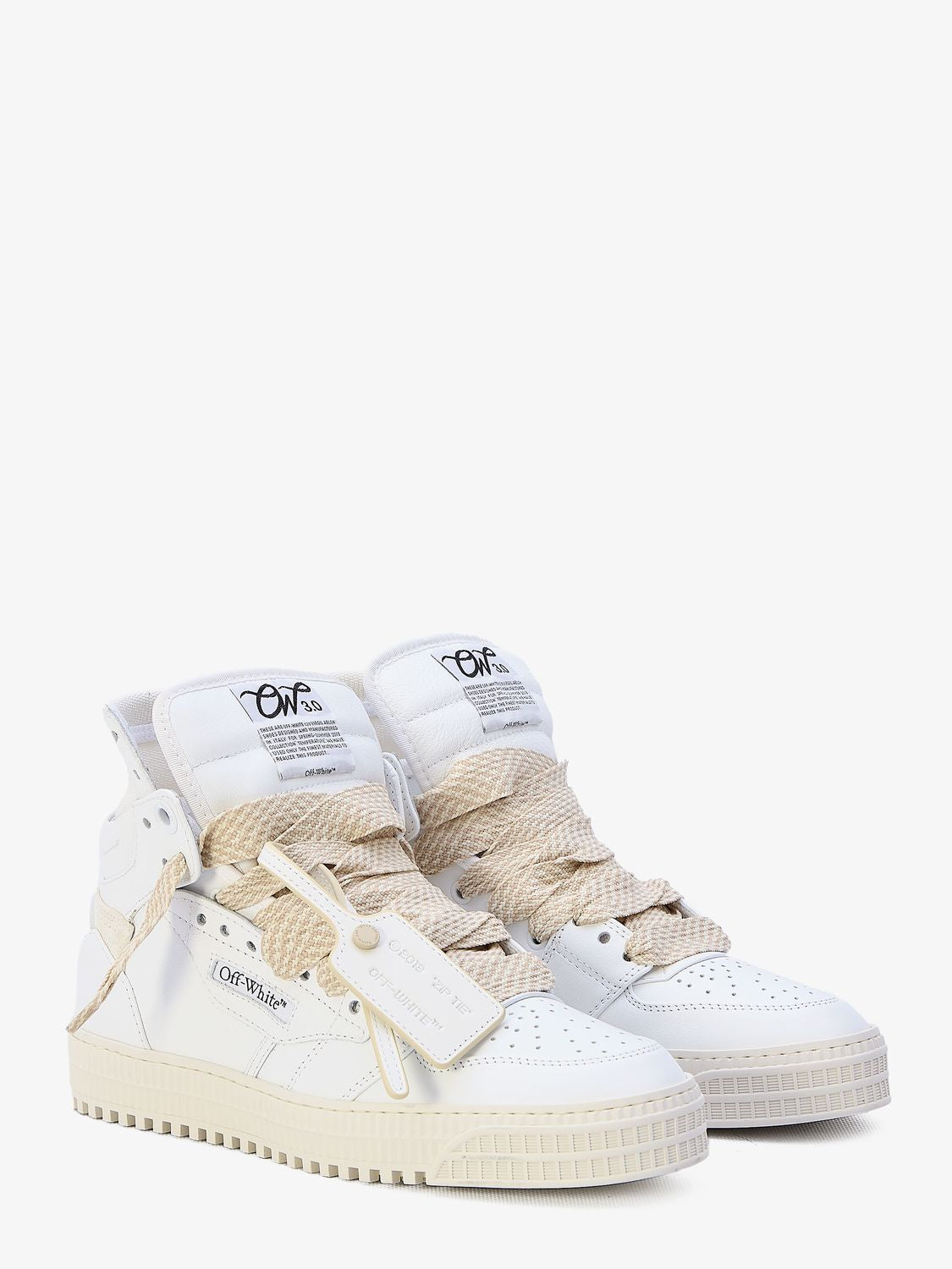 OFF-WHITE Men's White Leather Sneaker with Cream Rubber Sole and Detachable Zip-Tie Detail