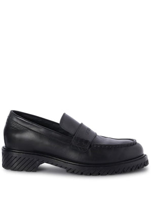 OFF-WHITE Men's Black Leather Loafers with Embossed Lettering and Rubber Sole for SS24