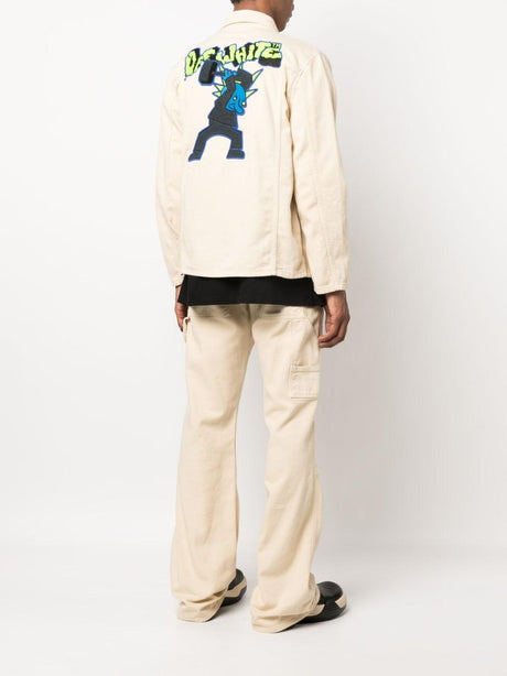 OFF-WHITE Sand-Colored Cotton Denim Varsity Shirt with Embroidered Graphic Motif