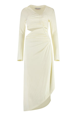 白色收緊的中長裙，深邊開叉和不對稱下擺，女士連衣裙來自Off-White SS23系列