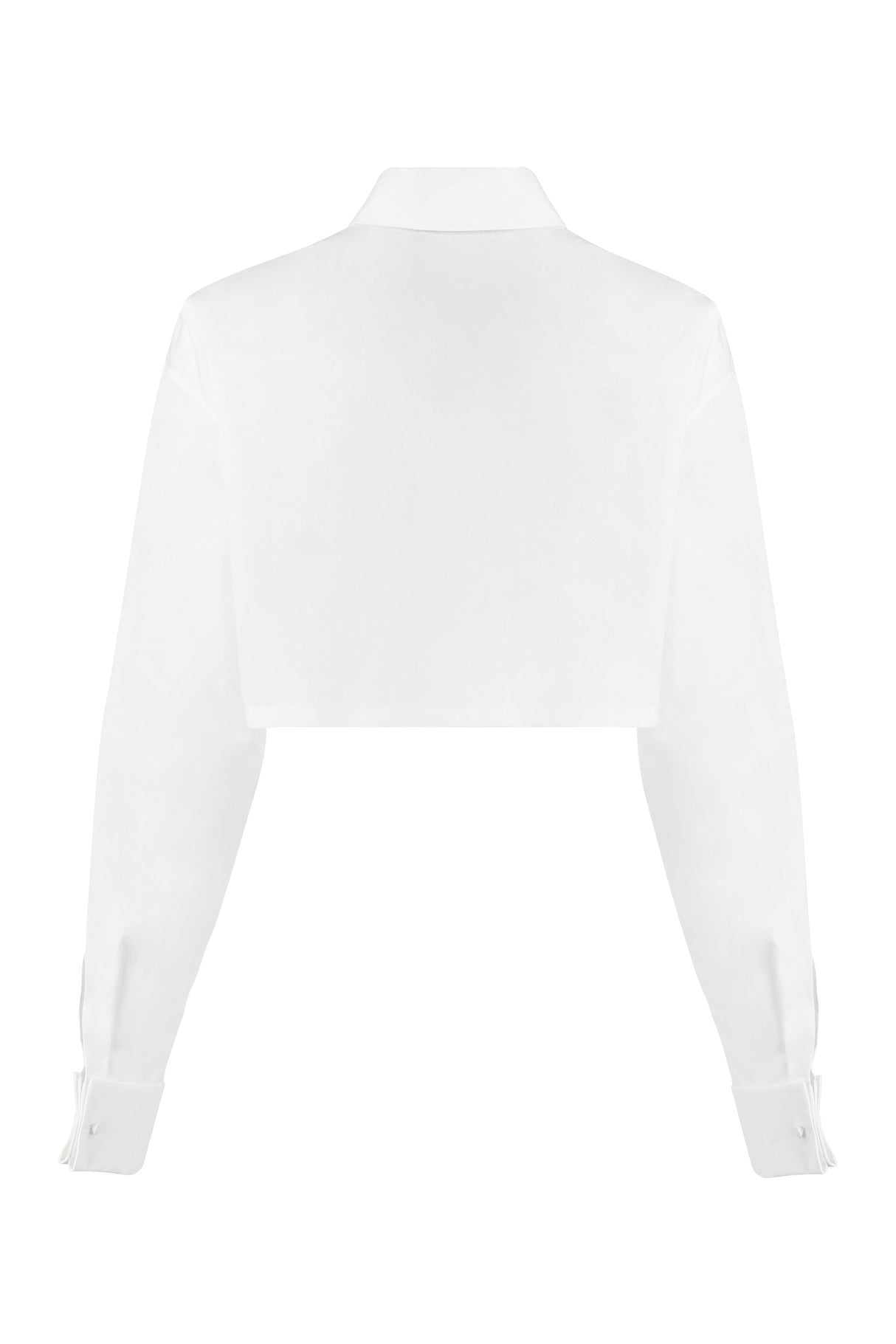 女士100%纯棉白色印花衬衫，配带钢制袖扣和短式款式（SS23）