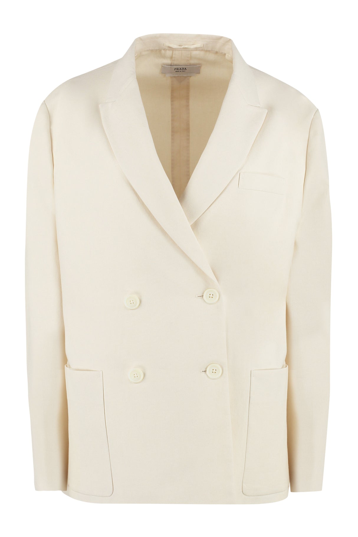 女士白色棉质西装外套，带翻领和双排扣设计