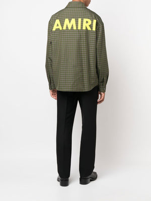 AMIRI Men's Green Printed Overshirt with Check Motif and Logo Print Lining