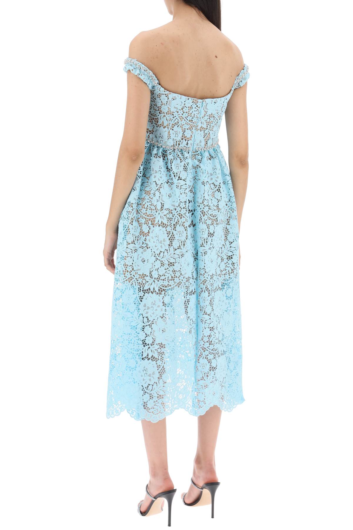 SELF-PORTRAIT Blue Floral Lace Midi Dress with Crystal Embellishments