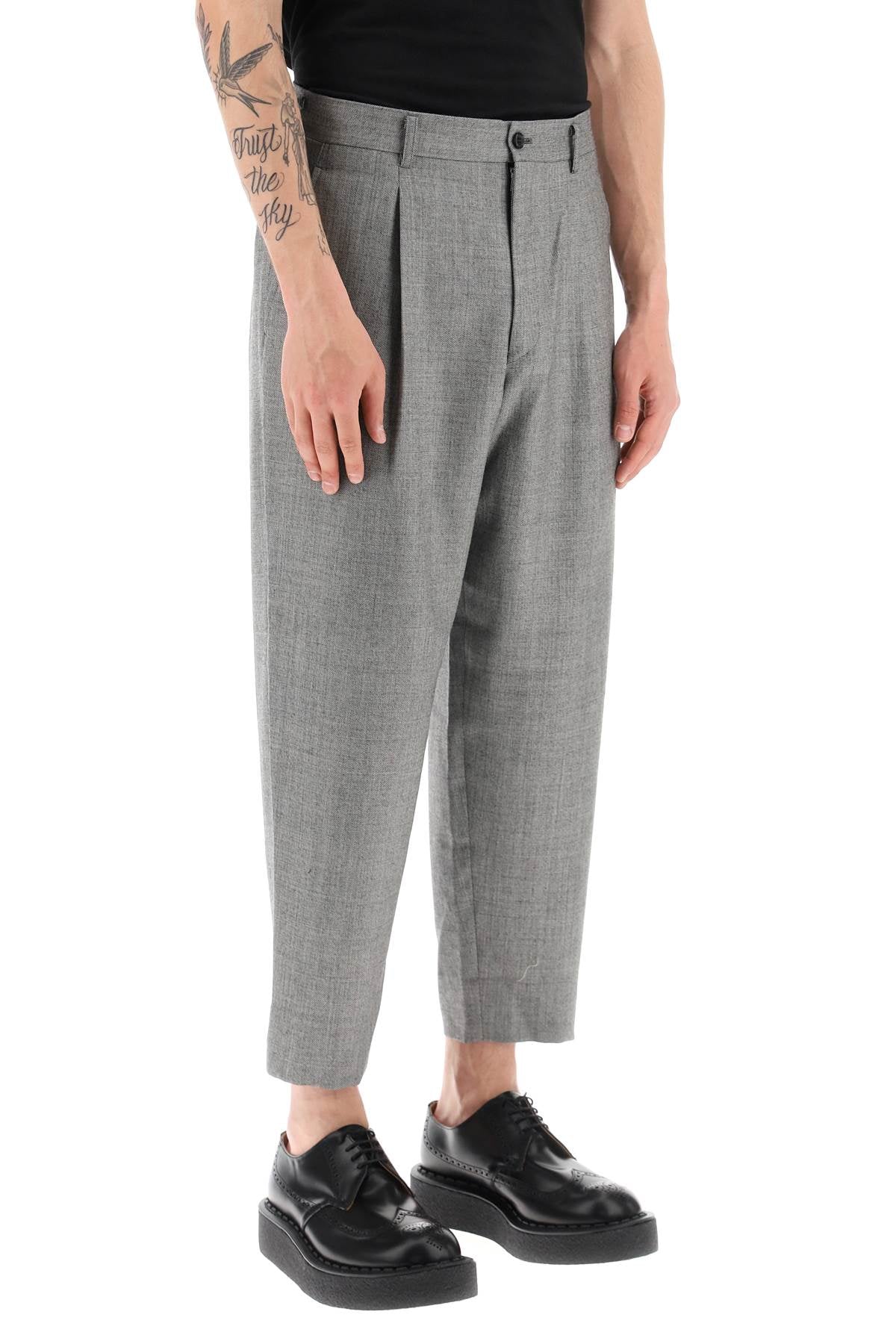 Men's Grey Cropped Wool Pants with Sharkskin Motif by COMME DES GARÇONS HOMME PLUS