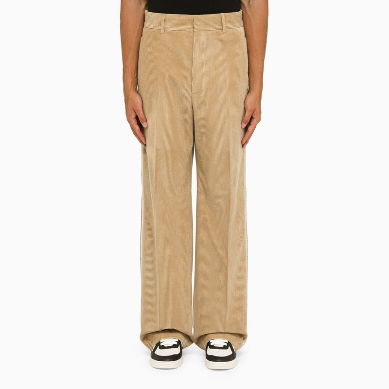 PALM ANGELS Men's Beige Corduroy Pants with Side Bands and Logo Label