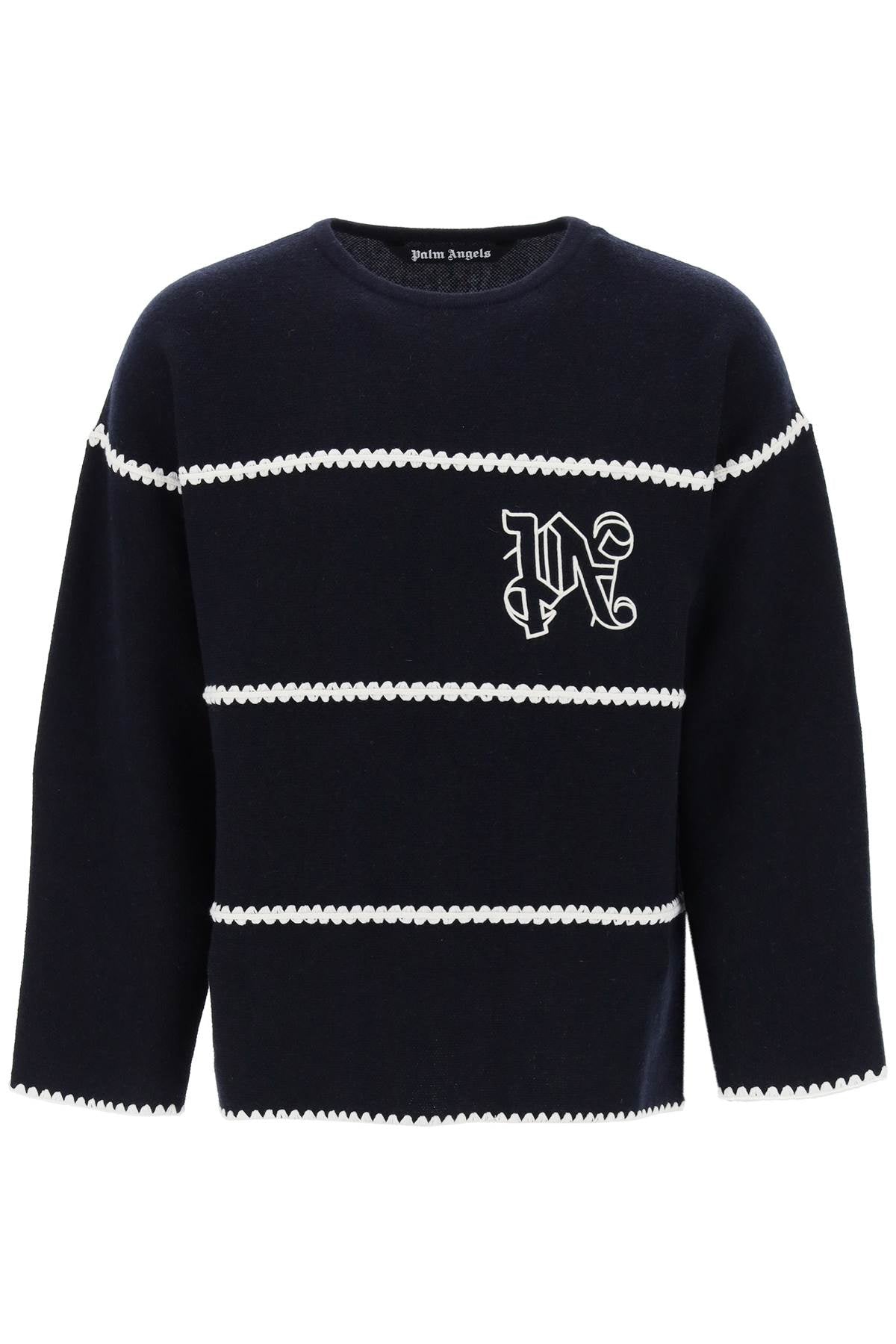 PALM ANGELS Blue Contrast Embroidered Knit Wool Pullover for Men