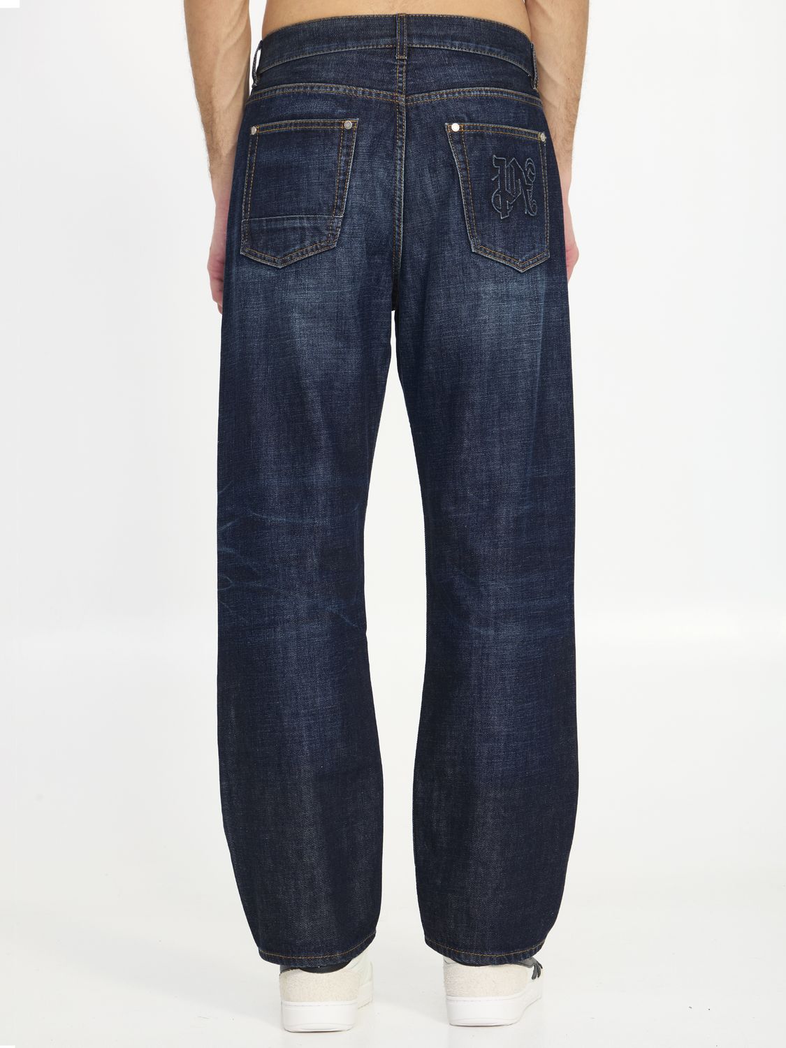 PALM ANGELS High-Waisted Monogram Jeans in Blue Cotton Denim for Men