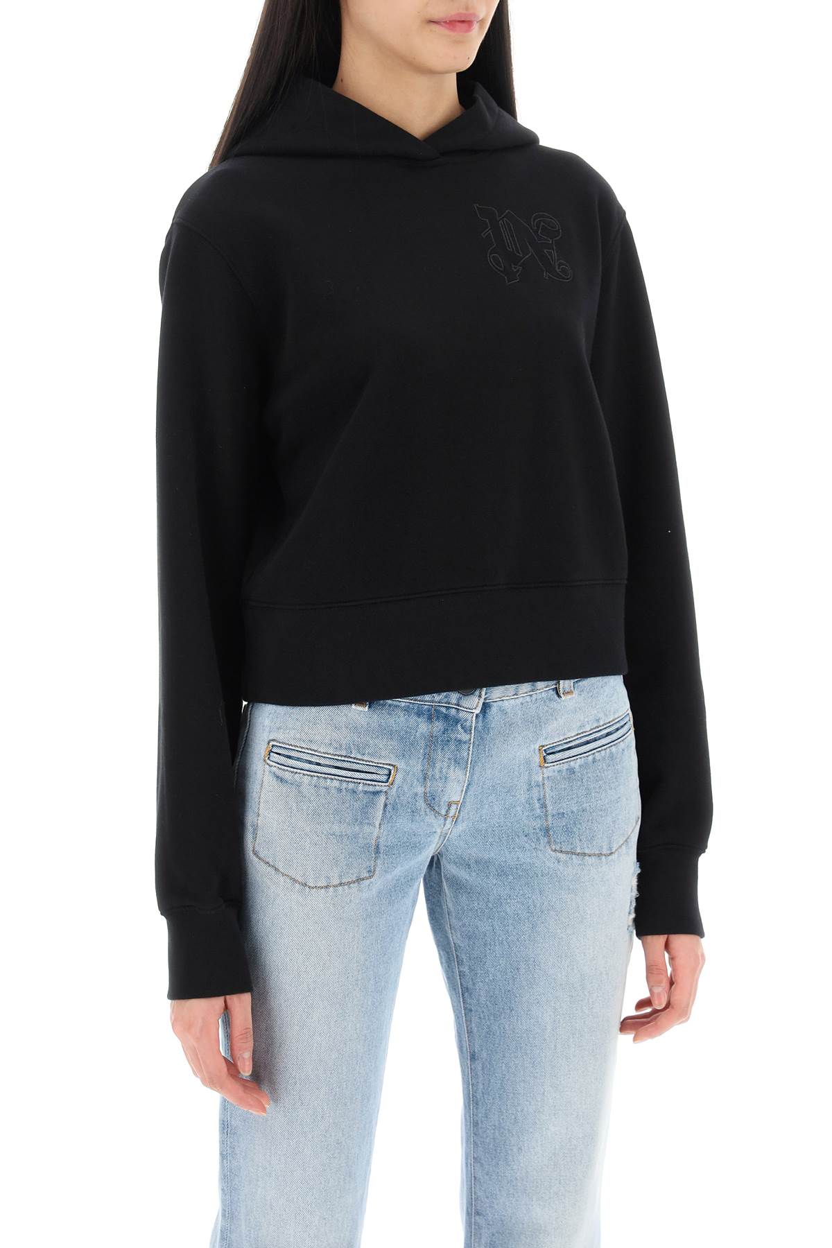 PALM ANGELS Black Cropped Hoodie with Chic Monogram Embroidery