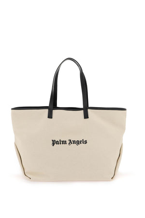 PALM ANGELS FW23 Cotton Canvas Tote Handbag with Embroidered Logo and Leather Trim for Women