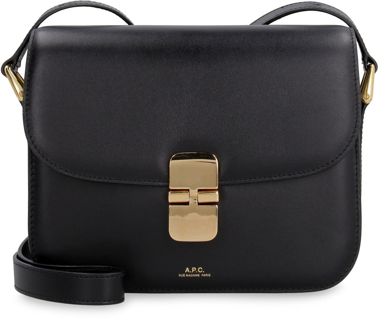 A.P.C. Elegant Black Leather Mini Shoulder Handbag with Gold-Tone Accents and Adjustable Strap, FW24