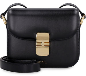 A.P.C. Grace Mini Black Leather Handbag with Gold-Tone Accents and Adjustable Strap