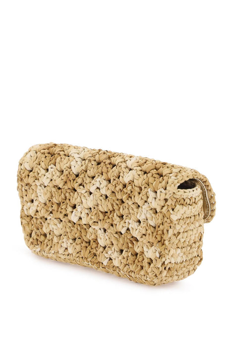 ROGER VIVIER Grey Raffia Clutch with Crystal Buckle and Removable Chain Strap for Women