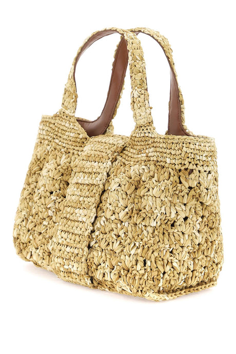 ROGER VIVIER Mini Viv Choc Tan Raffia Tote with Metal Buckle and Leather Strap for Women