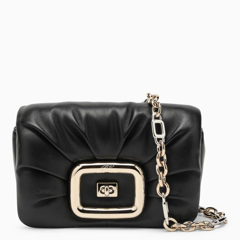 ROGER VIVIER Black Nappa Leather Mini Clutch with Metal Buckle and Detachable Chain Strap, 7.7x3.9x2.4 in