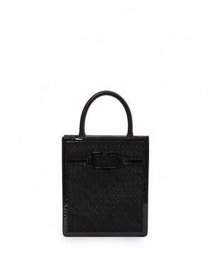 ROGER VIVIER Mini Belle Vivier Voyage Embroidered Black Tote Handbag with Leather Accents and Detachable Strap, 18x21x5cm
