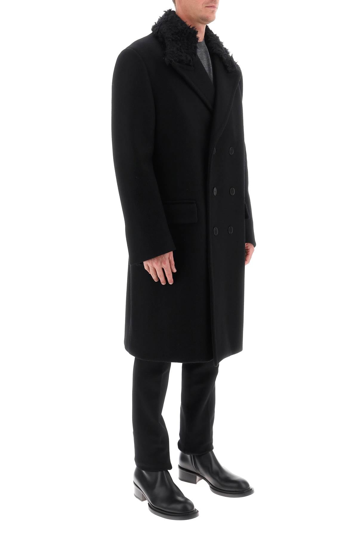 LANVIN Men's Black Wool Double-Breasted Jacket with Removable Mohair Collar