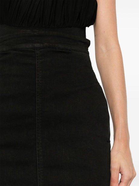 RICK OWENS Black High Waist Long Denim Skirt for Women with Frayed Hem and Demi-Train