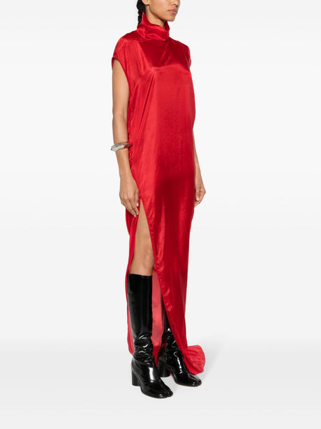 RICK OWENS Bright Red Silk Habotai Maxi Dress - High Neck, Semi-Sheer, Floor-Length