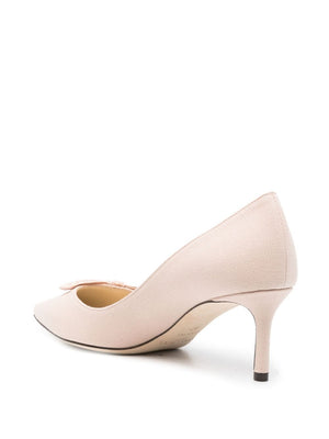 JIMMY CHOO Light Pink Stiletto Heel Canvas Pumps with Bow Detailing and Logo Applique