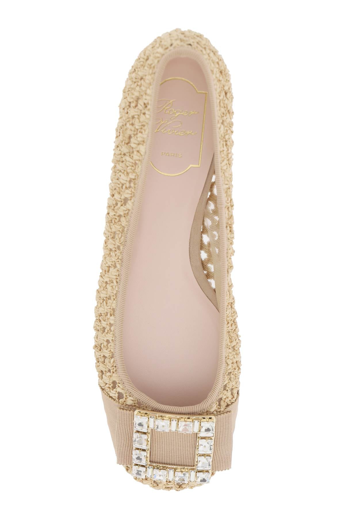 米色麻织效果镂空舞蹈女鞋 - 镶有水晶扣的经典设计