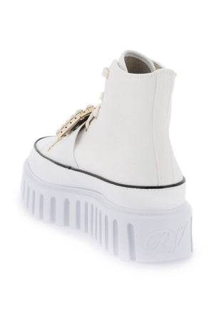 ROGER VIVIER White High-Top Sneakers with Oversized Buckle and Thick Platform Sole