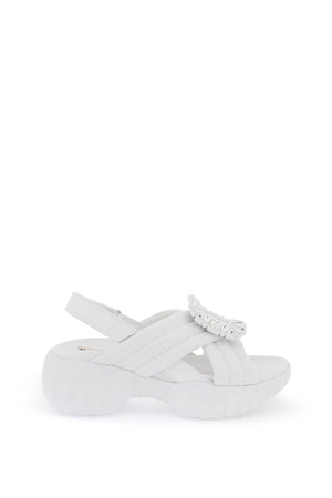 ROGER VIVIER White Crisscross Sandals with Rhinestone Buckle