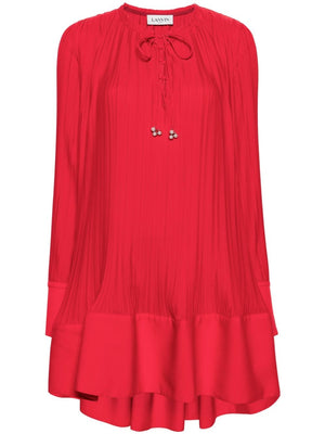 LANVIN Red Pleated Mini Dress in Crepe Material - SS24 Collection