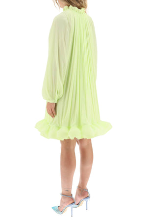 LANVIN Flowing Green Short Dress with Ruffled Hem and Long Sleeves