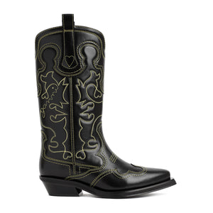 GANNI Black Embroidered Leather Western Boots - SS24 Collection