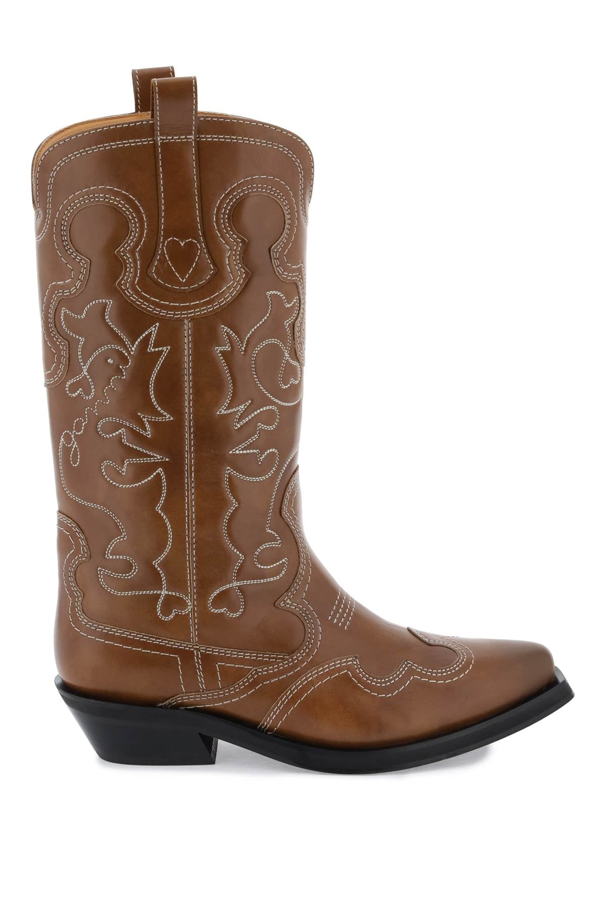 GANNI Embroidered Brown Leather Western Boots for Women