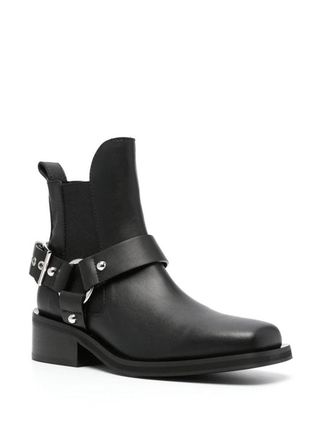 GANNI Women's Black Low Cut Chelsea Boots with Square Toe and Decorative Buckle Detailing