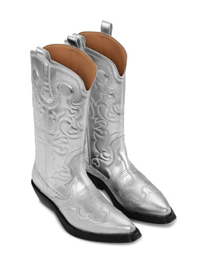 GANNI Silver Mid Shaft Western Boots for Women | SS24 Collection
