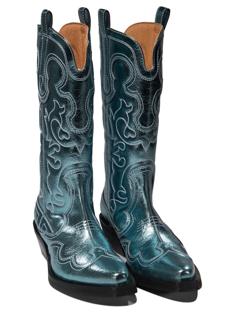 GANNI Chic Western-Inspired Metallic Blue Embroidered Boots