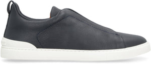 ZEGNA Navy Blue Leather Triple Stitch Slip-On Sneakers for Men