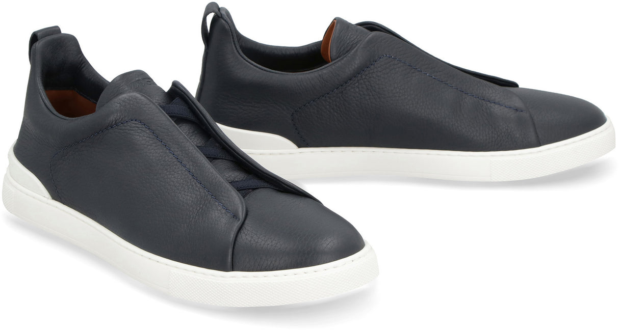 ZEGNA Navy Blue Leather Triple Stitch Slip-On Sneakers for Men