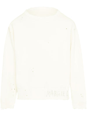 MAISON MARGIELA Beige Cotton Sweatshirt with Hand-Written Logo and Destroyed Details