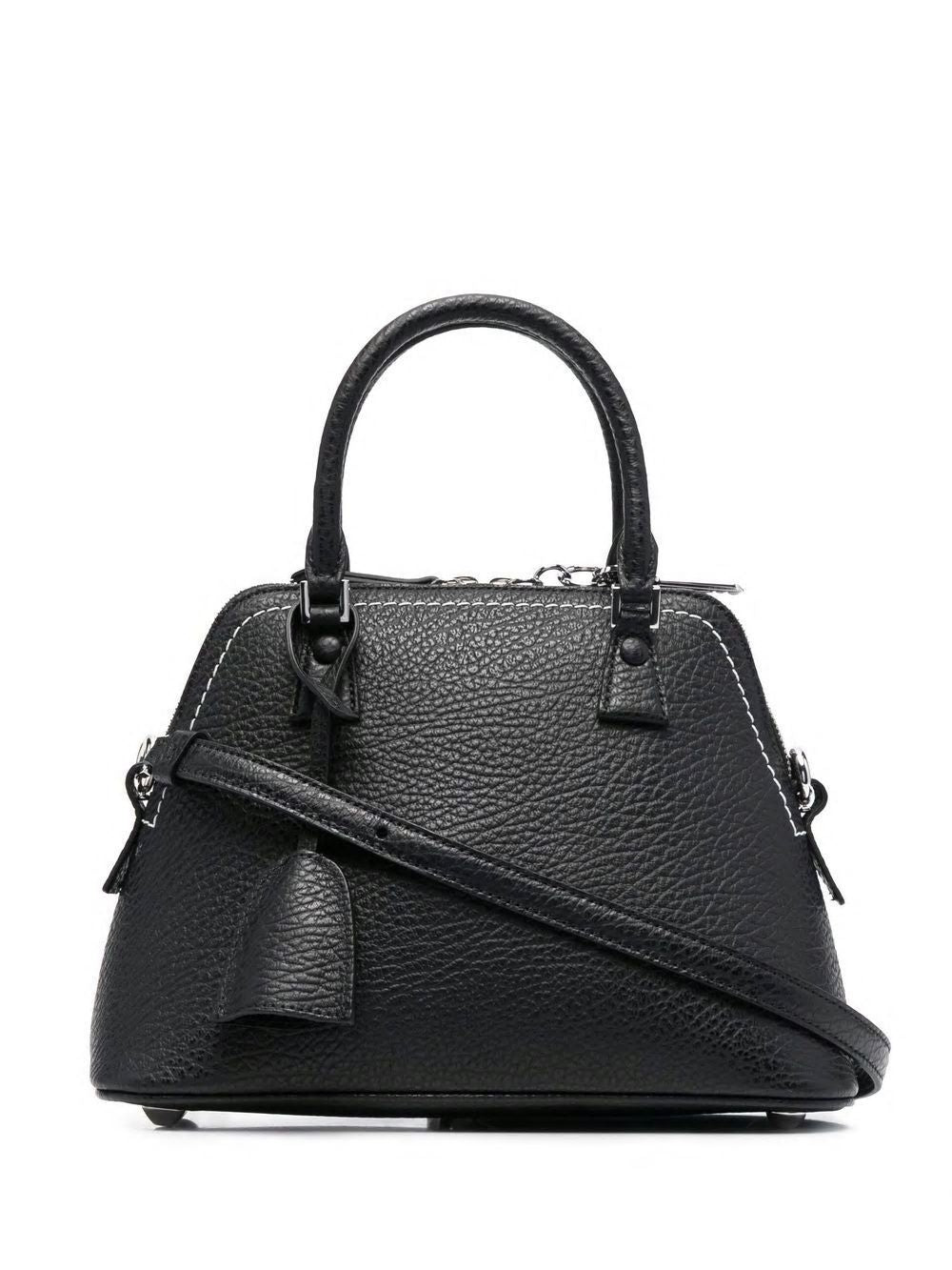 MAISON MARGIELA Mini Black Grained Leather Top-Handle Handbag with Silver-Tone Accents and Adjustable Strap for Men, SS24