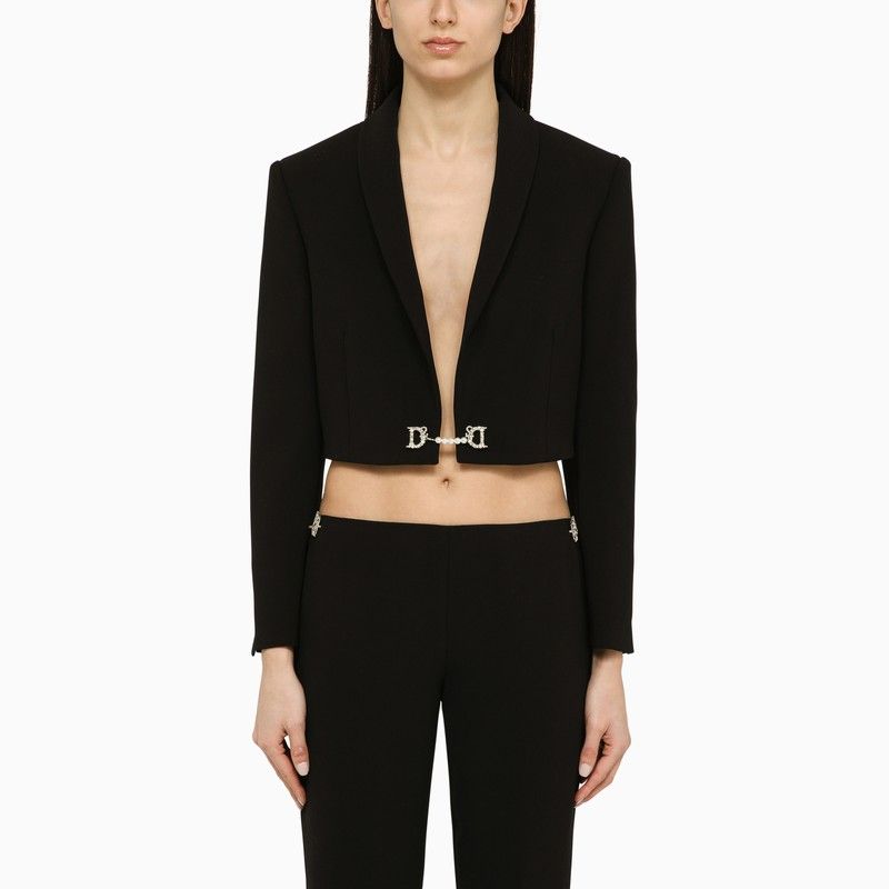 DSQUARED2 Black Cropped Jacket with Scarf Lapels, Beaded Front Fastening, and Long Buttoned Sleeves