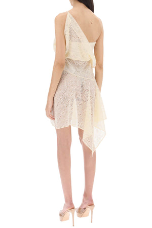 DSQUARED2 Ivory Lace One-Shoulder Slip Minidress with Draped Neckline and Asymmetric Skirt