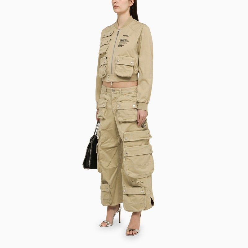 时髦女士米色多口袋棉制轰炸机夹克衫-SS24