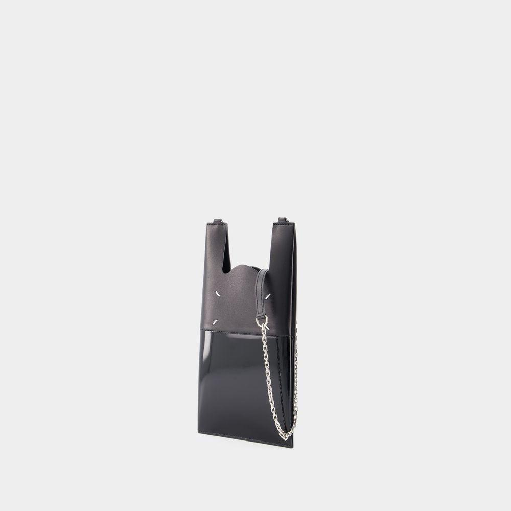 MAISON MARGIELA Versatile Black Leather Neck Pouch with Chain and Detachable Strap - SS24
