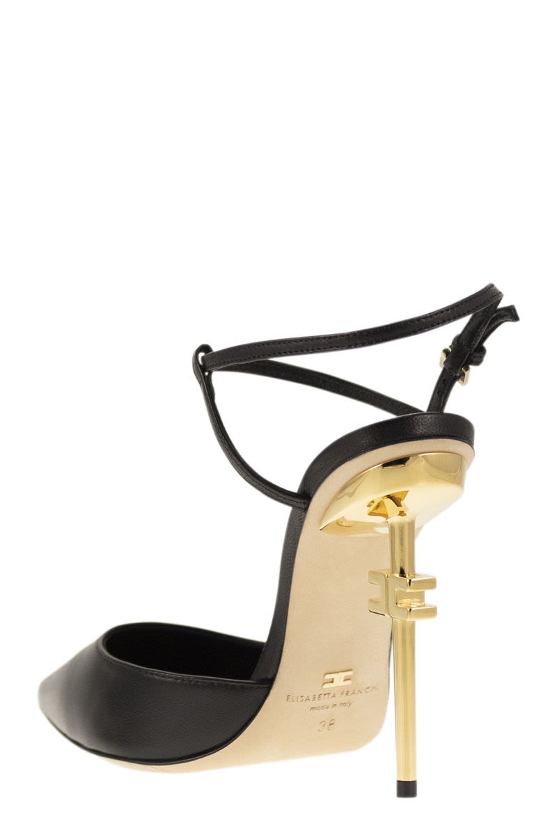 ELISABETTA FRANCHI Elegant Black Leather Slingback Pumps with Gold Logo Heel for Women