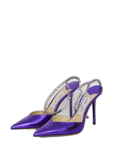 紫色金属漆皮水晶链踝带尖头高跟鞋（意大利尺码）